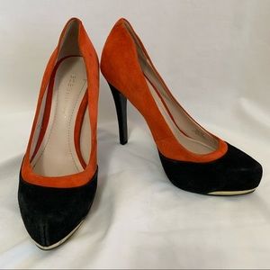 BCBGENERATION colorblock suede Pandee platform pump heels, red & black, gold toe